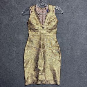 Herve Leger Sculpting Bandage Mini Foil Dress Gold Metallic S Strap Weave V Neck